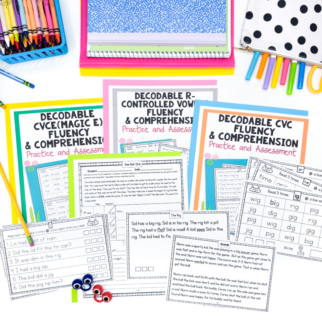 Staged literacy resources including decodable reading, phonics, fluency, and comprehension materials